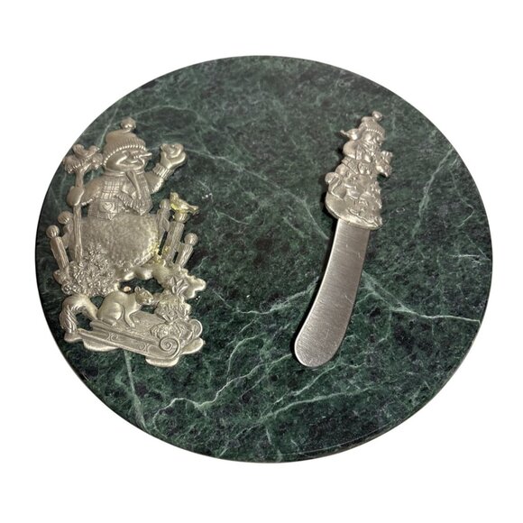 Cheese Board Green Marble Snowman Pewter Spreader Lindsay ClaireFine Pewter 8" - Picture 1 of 13